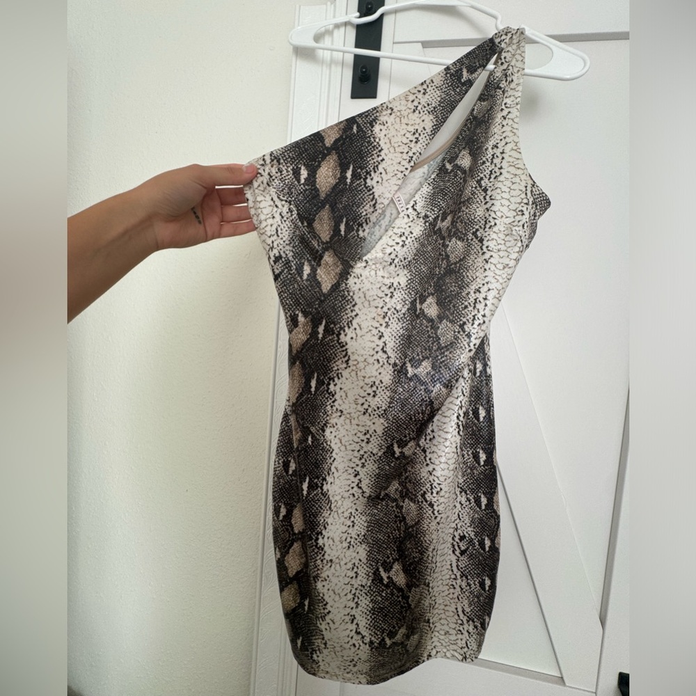 One Shoulder Faux Leather Snake Bodycon Mini-Dress